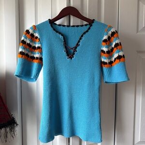 Turquoise Knit Top with Striped Puff Sleeves